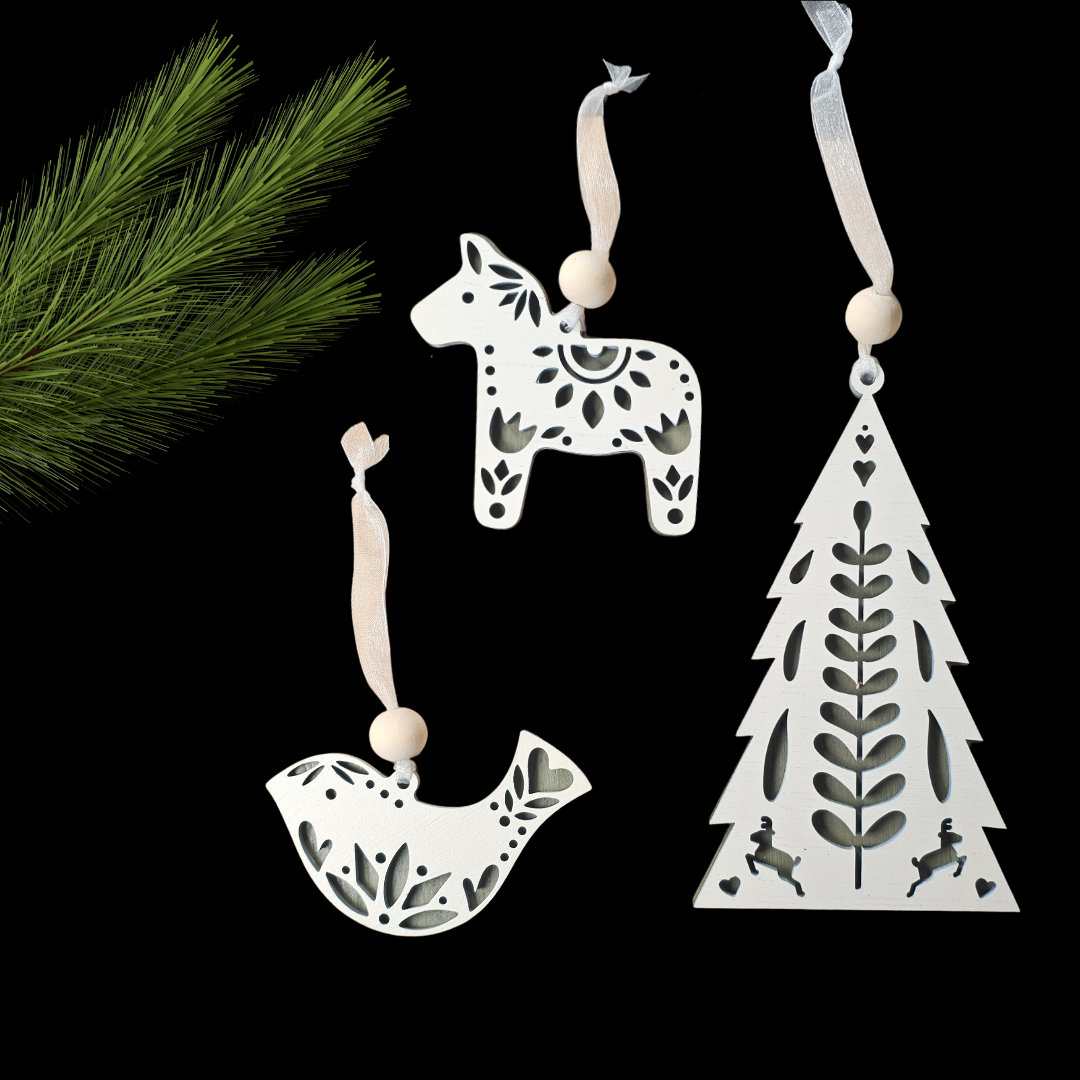Scandinavian Inspired Ornaments In Natural Green and Oatmeal
